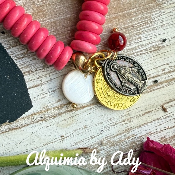 Boho Red turquoise saint Benedict beaded handmade bracelet - Picture 2 of 2